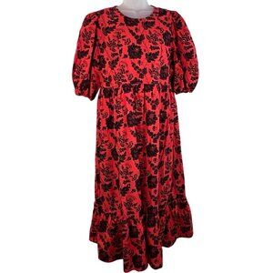 Zara Red & Black Sequined Floral Short Sleeved Cotton Maxi Dress Size Large